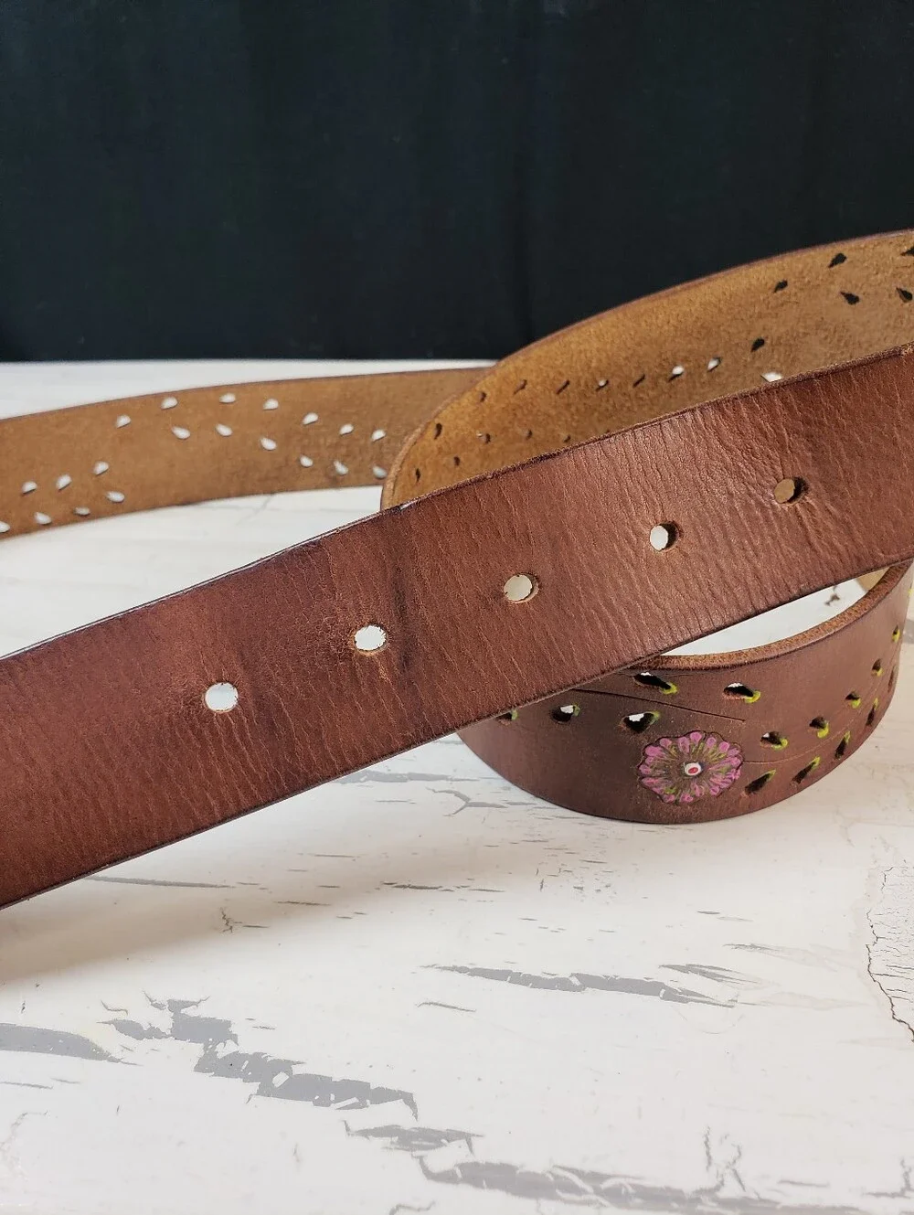 Handpainted Floral Vine Motif  Leather Belt in Brown in size XL